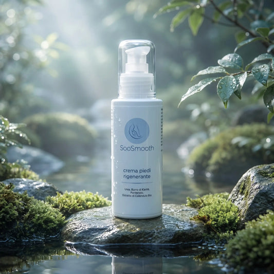 Flacone da 100 ml della Crema Piedi Rigenerante SooSmooth su una pietra bagnata in un giardino d'acqua giapponese