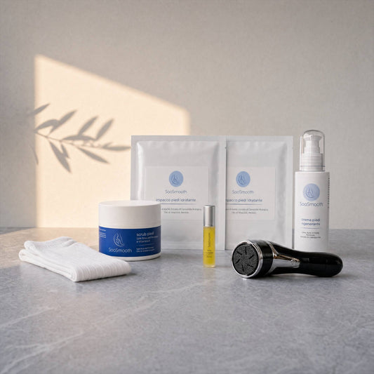 Kit Rituale di Seta SooSmooth livello Armonia, due impacchi piedi idratanti, scrub al sale rosa dell'Himalaya, crema piedi rigenerante, roll-on olio cuticole al jojoba, lima elettrica e calze in cotone