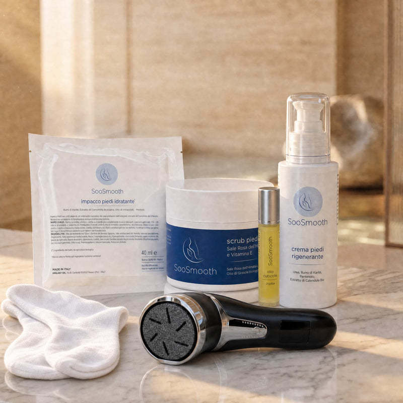 Kit Rituale di Seta SooSmooth livello Armonia: impacco piedi idratante, scrub al sale rosa, lima elettrica, olio cuticole al jojoba, crema piedi rigenerante e calzini in cotone