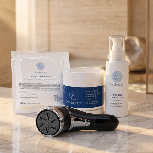 Kit Rituale di Seta SooSmooth livello Essenza: impacco piedi idratante, scrub al sale rosa dell'Himalaya, lima elettrica e crema piedi rigenerante su marmo
